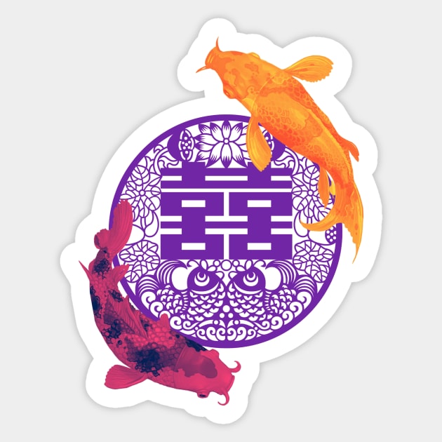 Double Happiness Koi Fish - Yoga Calm Vibe Pink Purple and Orange Sticker by CRAFTY BITCH